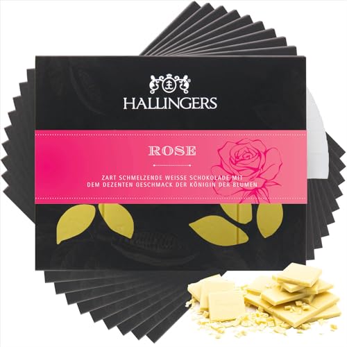 Hallingers 10x Rose - Weiße Edel-Schokolade mit Rose - handmade, alkoholfrei (Box) - Muttertagsgeschenk & Geschenkideen zum Vatertag | Geburtstag Glückwunsch Jahrestag Freundschaft Genesung von Hallingers Genuss Manufaktur