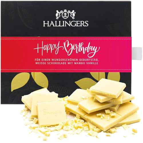 Hallingers Happy Birthday Pink - Weiße Edel-Schokolade mit Mango & Vanille - handmade, alkoholfrei (Box) - Muttertagsgeschenk & Geschenkideen zum Vatertag | Geburtstag Glückwunsch Jahrestag Glückwünsc von Hallingers Genuss Manufaktur