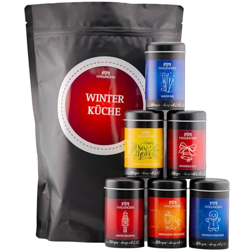 Hallingers Winterküche - Wundertüte XXL Gourmet Gewürze Geschenkset mit 6 Aromadosen - Gewürzmischungen für Weihnachten (Set) - Muttertagsgeschenk & Geschenkideen zum Vatertag | Neues Zuhause Ruhestan von Hallingers Genuss Manufaktur