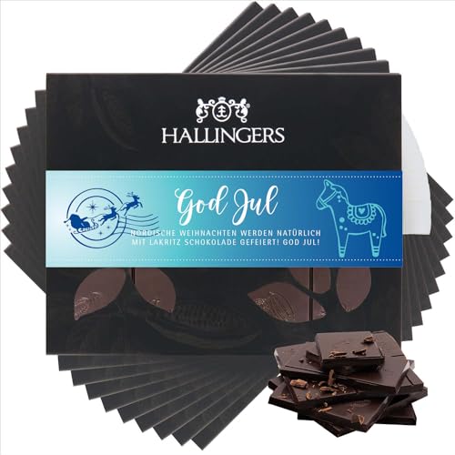Hallingers 10x God Jul - Vegane Schokolade Zartbitter-Edelkakao mit Lakritze - handmade, alkoholfrei (Box) - Muttertagsgeschenk & Geschenkideen zum Vatertag | Glückwunsch Danke Freundschaft Genesung von Hallingers Genuss Manufaktur