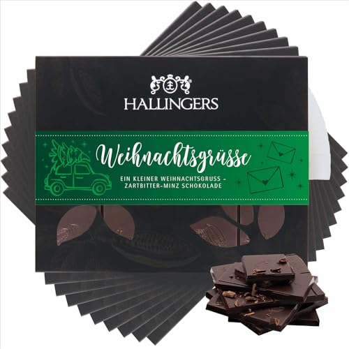 Hallingers 10x Weihnachtsgrüße - Vegane Schokolade Zartbitter-Edelkakao Minze, handmade (Box) - Muttertagsgeschenk & Geschenkideen zum Vatertag | Glückwunsch Danke Freundschaft Genesung von Hallingers Genuss Manufaktur