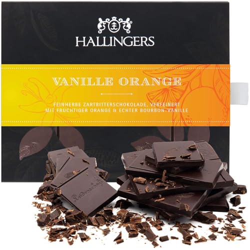 Hallingers Vanille-Orange - Vegane Schokolade Zartbitter-Edelkakao Vanille & Orange - handmade, alkoholfrei (Box) - Muttertagsgeschenk & Geschenkideen zum Vatertag | Geburtstag Glückwunsch Jahrestag N von Hallingers Genuss Manufaktur