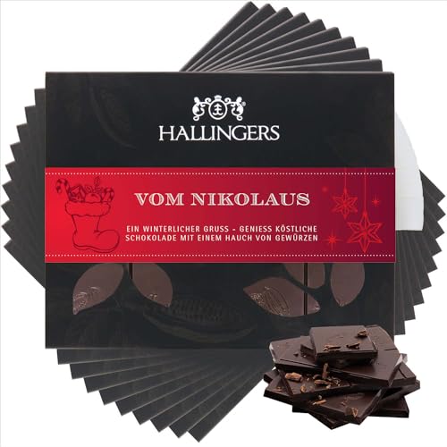 Hallingers 10x Vom Nikolaus - Vegane Schokolade Zartbitter-Edelkakao Weihnachts-Gewürze, handmade (Box) - Muttertagsgeschenk & Geschenkideen zum Vatertag | Glückwunsch Danke Freundschaft Genesung von Hallingers Genuss Manufaktur