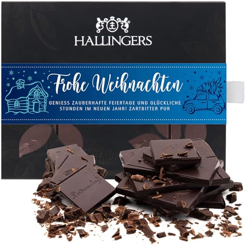 Hallingers Frohe Weihnachten - Vegane Schokolade Zartbitter-Edelkakao 85% pur - handmade, alkoholfrei (Box) - Muttertagsgeschenk & Geschenkideen zum Vatertag | Glückwunsch Danke Freundschaft Genesung von Hallingers Genuss Manufaktur