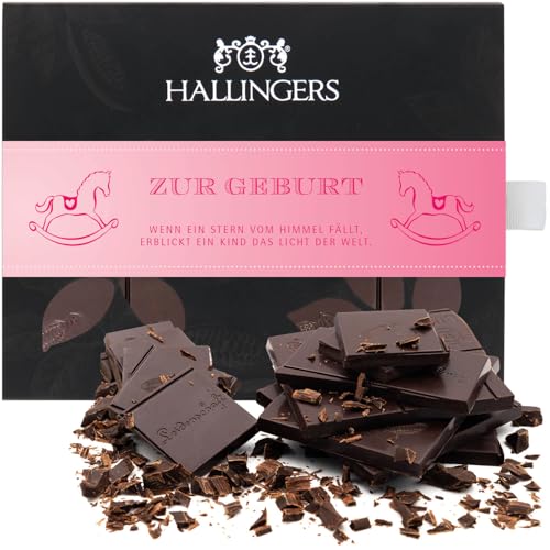 Hallingers Zur Geburt - Vegane Schokolade Zartbitter-Edelkakao 85% pur zartschmelzend - handmade, alkoholfrei (Box) - Muttertagsgeschenk & Geschenkideen zum Vatertag | Hochzeit Glückwunsch Jahrestag N von Hallingers Genuss Manufaktur