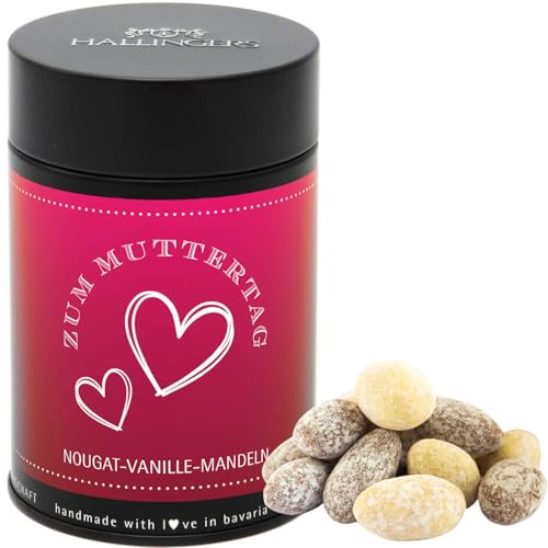 Hallingers Zum Muttertag - Nougat-schokolierte Vanille-Mandeln handgemacht - für Mama fix und fertig als Geschenk (Dose) - Muttertagsgeschenk & Geschenkideen zum Vatertag | Glückwunsch Jahrestag Freun von Hallingers Genuss Manufaktur