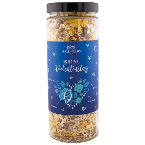 Hallingers Zum Valentinstag, blue - Zum Valentinstag feinstes Gourmet-Müsli frisch aus der Mühle, fix & fertig als Geschenk (Glas) - Muttertagsgeschenk & Geschenkideen zum Vatertag | Neues Zuhause Jah von Hallingers Genuss Manufaktur