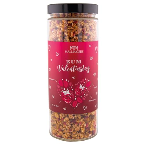 Hallingers Zum Valentinstag, pink - Zum Valentinstag feinstes Gourmet-Müsli frisch aus der Mühle, fix & fertig als Geschenk (Glas) - Muttertagsgeschenk & Geschenkideen zum Vatertag | Neues Zuhause Jah von Hallingers Genuss Manufaktur