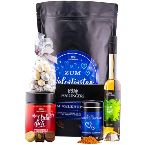 Hallingers Zum Valentinstag - Blue XXL - Valentinstag Wundertüte Geschenkset Likör Nougat-Mandeln Pralinen Schokolade & Gewürze aus Liebe (Set) - Muttertagsgeschenk & Geschenkideen zum Vatertag | Neue von Hallingers Genuss Manufaktur