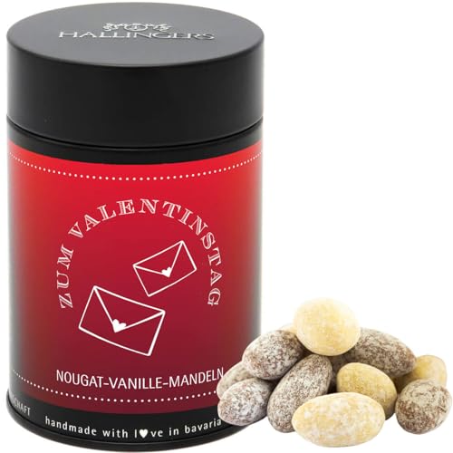Hallingers Zum Valentinstag - Nougat-schokolierte Vanille-Mandeln handgemacht - fix und fertig als Geschenk (Dose) - Muttertagsgeschenk & Geschenkideen zum Vatertag | Glückwunsch Jahrestag Freundschaf von Hallingers Genuss Manufaktur