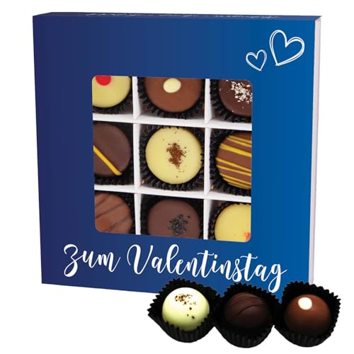 Hallingers Zum Valentinstag - blue L - Valentinstag Manufaktur Pralinen Geschenk handmade teils mit Alkohol aus Edelkakao Schokolade (Box) - Muttertagsgeschenk & Geschenkideen zum Vatertag | Glückwuns von Hallingers Genuss Manufaktur