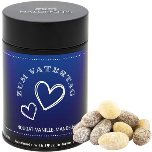 Hallingers Zum Vatertag - Nougat-schokolierte Vanille-Mandeln handgemacht - für Papa fix und fertig als Geschenk (Dose) - Muttertagsgeschenk & Geschenkideen zum Vatertag | Glückwunsch Jahrestag Freund von Hallingers Genuss Manufaktur