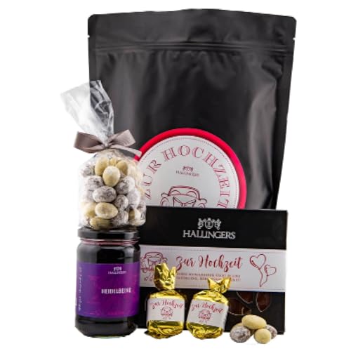 Hallingers Zur Hochzeit XXL - Heiraten Wundertüte XXL Geschenkset Konfitüre Nougat Busserl Nougat Mandeln & Tafel Schokolade (Set) - Muttertagsgeschenk & Geschenkideen zum Vatertag | Hochzeit Glückwun von Hallingers Genuss Manufaktur