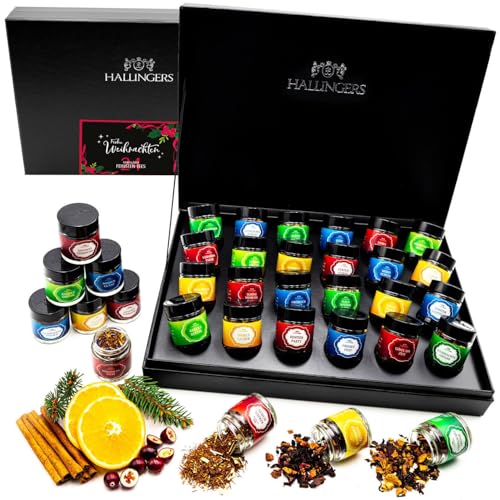 Hallingers Frohe Weihnachten - 24 Sorten Tee Geschenkset zum Advent, vegan in Schraubgläsern (Set) - Ostergeschenke Osterkörbchen Ostereier & als Osterdeko | Genesung Chanukka Freundschaft von Hallingers Genuss Manufaktur