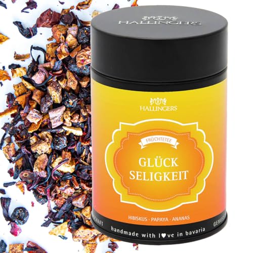 Hallingers Glückseligkeit - Loser Früchte-Tee mit Hibiskus, Papaya & Ananas (Dose) - Muttertagsgeschenk & Geschenkideen zum Vatertag | Hochzeit Glückwunsch Genesung Jahrestag von Hallingers Genuss Manufaktur