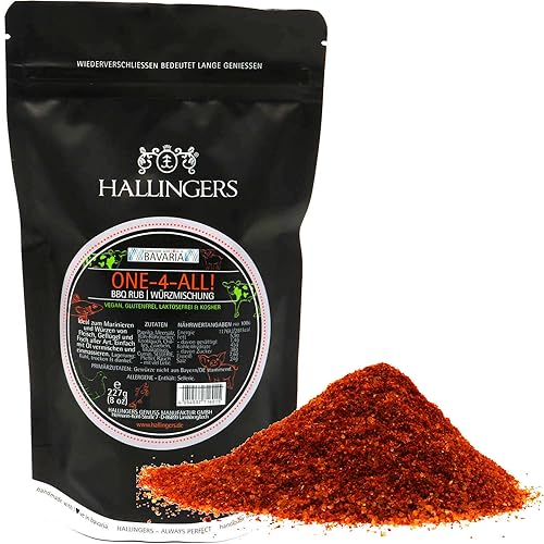 Hallingers One-4-All - Gewürz-Mischung BBQ-Rub Marinade für Fleisch, Geflügel & Fisch (Bag) - Muttertagsgeschenk & Geschenkideen zum Vatertag | Geburtstag Glückwunsch Neues Zuhause Danke Freundschaft von Hallingers Genuss Manufaktur