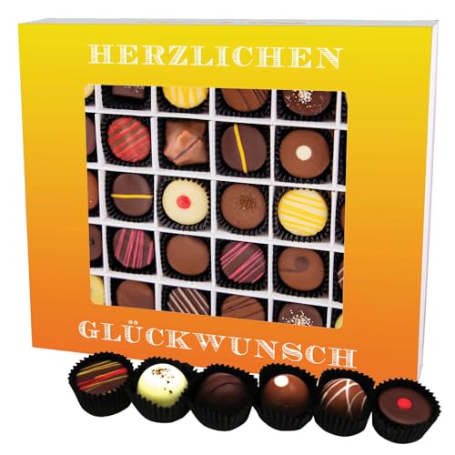 Hallingers Herzlichen Glückwunsch XXL - Manufaktur Pralinen Geschenk handmade teils mit Alkohol aus Edelkakao Schokolade (Box) - Muttertagsgeschenk & Geschenkideen zum Vatertag | Geburtstag Glückwunsc von Hallingers Genuss Manufaktur