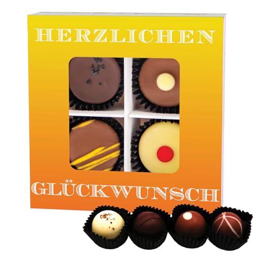 Hallingers Herzlichen Glückwunsch - Manufaktur Pralinen Geschenk handmade teils mit Alkohol aus Edelkakao Schokolade (Box) - Muttertagsgeschenk & Geschenkideen zum Vatertag | Geburtstag Glückwunsch Da von Hallingers Genuss Manufaktur