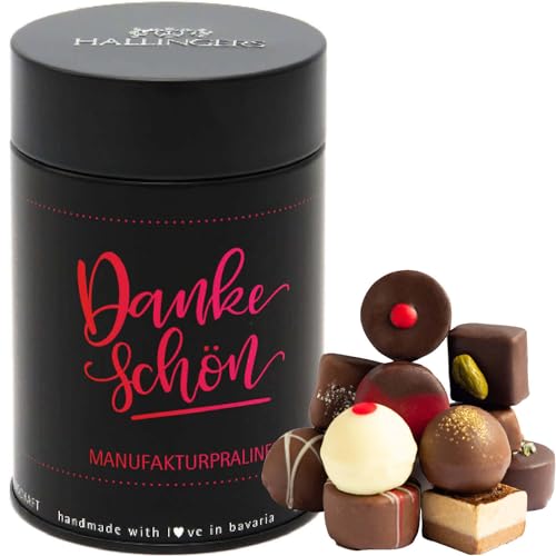 Hallingers Dankeschön - Manufaktur Pralinen Geschenk handmade ohne Alkohol aus Edelkakao Schokolade (Dose) - Muttertagsgeschenk & Geschenkideen zum Vatertag | Geburtstag Glückwunsch Danke Neues Zuhaus von Hallingers Genuss Manufaktur