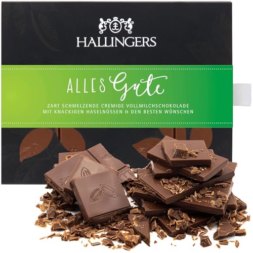 Hallingers Alles Gute - Vollmilch Edel-Schokolade mit Haselnuss-Nougat, handmade (Box) - Muttertagsgeschenk & Geschenkideen zum Vatertag | Geburtstag Glückwunsch Jahrestag Neues Zuhause Glückwünsche von Hallingers Genuss Manufaktur