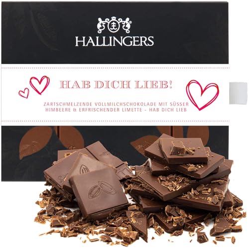 Hallingers Hab Dich lieb - Vollmilch Edel-Schokolade mit Himbeere & Limette, handmade (Box) - Muttertagsgeschenk & Geschenkideen zum Vatertag | Jahrestag Neues Zuhause von Hallingers Genuss Manufaktur