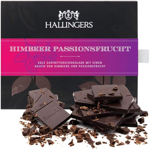 Hallingers Himbeer-Passionsfrucht - Vegane Schokolade Zartbitter-Edelkakao Himbeere & Maracuja - handmade (Box) - Muttertagsgeschenk & Geschenkideen zum Vatertag | Geburtstag Glückwunsch Jahrestag Dan von Hallingers Genuss Manufaktur