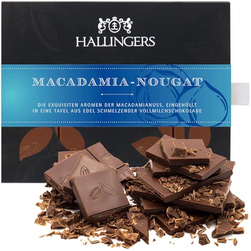 Hallingers Macadamia-Nougat - Vollmilch Edel-Schokolade mit Macadamia-Nougat, handmade (Box) - Muttertagsgeschenk & Geschenkideen zum Vatertag | Geburtstag Glückwunsch Jahrestag Neues Zuhause Genesung von Hallingers Genuss Manufaktur