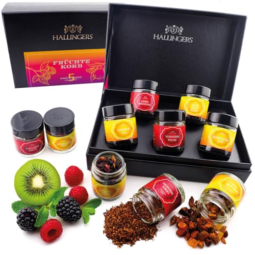 Hallingers Früchtekorb - 5 Sorten Tee Geschenkset, loser Tee vegan in Schraubgläsern, Teesortiment als Tee Geschenk (Set) - Muttertagsgeschenk & Geschenkideen zum Vatertag | Geburtstag Glückwunsch Gen von Hallingers Genuss Manufaktur