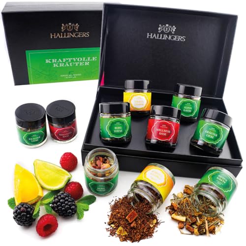 Hallingers Kraftvolle Kräuter - 5 Sorten Tee Geschenkset, loser Tee vegan in Schraubgläsern, Teesortiment als Tee Geschenk (Set) - Ostergeschenke Osterkörbchen Ostereier & als Osterdeko | Geburtstag G von Hallingers Genuss Manufaktur