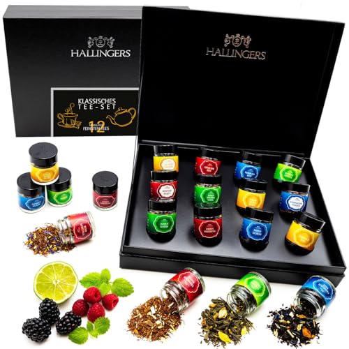 Hallingers Klassisches Tee-Set - 12 Sorten Tee Geschenkset, loser Tee in Schraubgläsern, Teesortiment als Tee Geschenk vegan (Set) - Ostergeschenke Osterkörbchen Ostereier & als Osterdeko | Genesung G von Hallingers Genuss Manufaktur