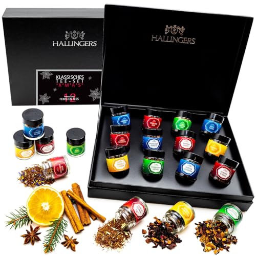 Hallingers Frohe Weihnachten - Weihnachtliche 12 Sorten Tee Geschenkset zu Weihnachten, vegan & glutenfrei in Schraubgläsern (Set) - Muttertagsgeschenk & Geschenkideen zum Vatertag | Genesung Glückwün von Hallingers Genuss Manufaktur