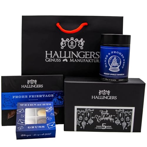 Hallingers Frohe Weihnachten - Groß No. 01 - Weihnachtliches Geschenk-Set mit Tafel Schokolade, Pralinen, Nougat-Mandeln und Tee (Set) - Muttertagsgeschenk & Geschenkideen zum Vatertag | Glückwunsch G von Hallingers Genuss Manufaktur
