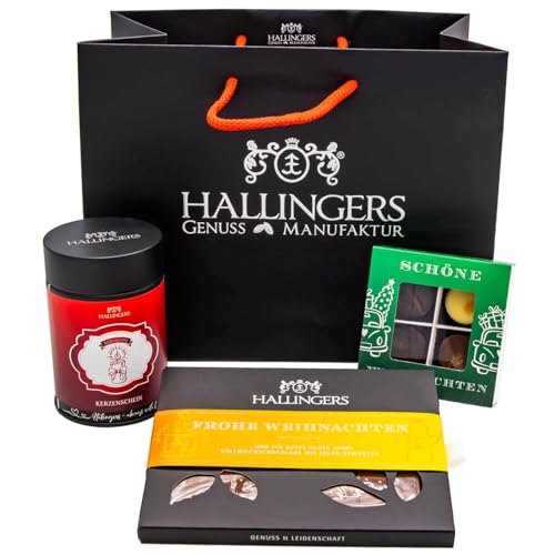 Hallingers Frohe Weihnachten - Klein No. 01 - Weihnachtliches Geschenk-Set mit Tee, Schokolade & Pralinen als Geschenkkorb zu Weihnachten (Set) - Muttertagsgeschenk & Geschenkideen zum Vatertag | Glüc von Hallingers Genuss Manufaktur
