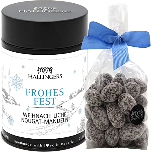 Hallingers Nougat-schokolierte Mandeln hand-gemacht (150g) - Frohes Fest (Premiumdose) - Weihnachten 2023, Für Sie#Für Ihn - Geschenk zu Ostern 2023 von Hallingers Genuss Manufaktur