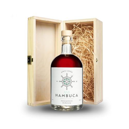 Geschenkbox aus Holz mit Hambuca - Anis Likör mit Ahornsirup aus Hamburg - 0,5l 42% vol. von Hambuca