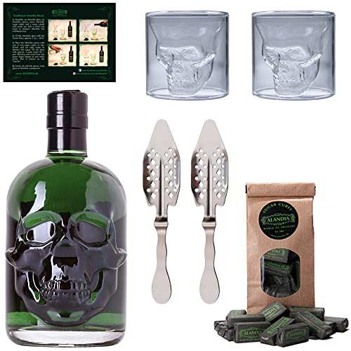 Totenkopf Absinth Set | 1x Hamlet Classic Green Absinth | 2x Skull Absinth Gläser | 2x Absinth Löffel | 1x Zuckerwürfel von Hamlet