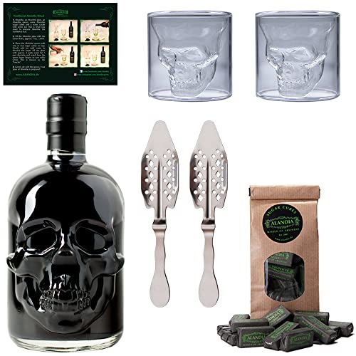Totenkopf Absinth Set von ALANDIA | 1x Schwarzer Absinth Hamlet 0,5 l | 2x Skull Absinth Gläser | 2x Absinth Löffel | 1x Zuckerwürfel von Hamlet
