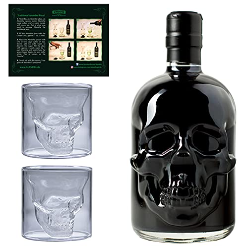 Totenkopf Absinth Set | Shot of Death | 1x Schwarzer Absinth Hamlet Hardcore Black 0,5 l | 2x Skull Absinth Gläser von Hamlet