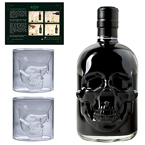 Totenkopf Absinth Set | Shot of Death | 1x Schwarzer Absinth Hamlet Hardcore Black von ALANDIA | 2x Skull Absinth Gläser | 69% | 0,5 l von Hamlet