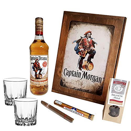 Captain Morgan Geschenk Set | Feinster Karibischer Rum mit Original Glas, Zigarre und Dragee´s | Geschenkkorb 5-teilig | Geschenk für Männer | Geschenkideen mit Alkohol | Präsentkorb gefüllt von Handelsagentur Kasberger