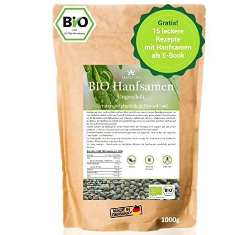 BIO Hanfsamen ungeschält 1kg aus Deutschland vom deutschen Biofeld + digitales Rezeptbuch von Hanfoo
