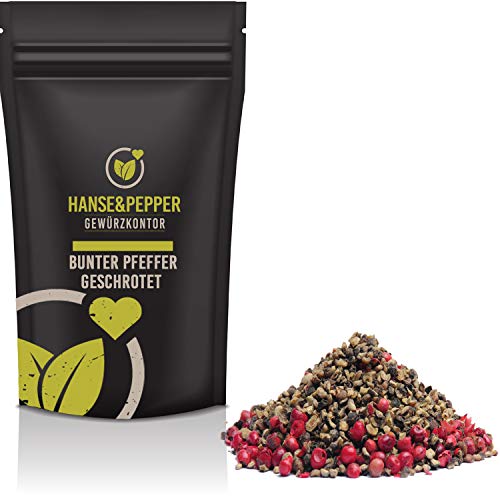 100g Bunter Pfeffer geschrotet Pfefferkörner Pfeffermischung 4 Sorten Schwarzer Weißer Rosa und Grüner Pfeffer von Hanse&Pepper Gewürzkontor