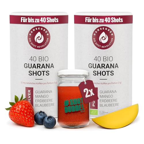 Hansegrün - 2x Bio Guarana Shots (80 Stk.) - Veganes Superfood-Pulver als Energy Drink Alternative - für bis zu 6h natürlich anhaltende Power - 100% echte Zutaten zur täglichen Zubereitung von Hansegrün