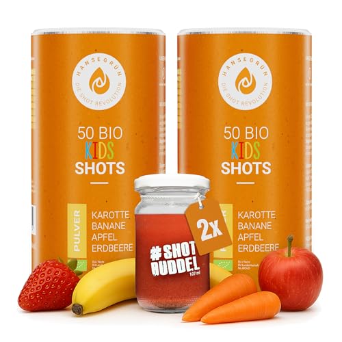 Hansegrün - 2x Bio Kids Shot (100 Stk.) - Täglicher Allrounder für das Immunsystem¹, Zähne² & Knochen³ - Superfood-Pulver mit Gemüse, Früchten & Beeren - 100% echte Zutaten zur täglichen Zubereitung von Hansegrün