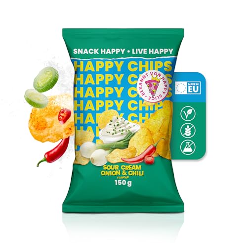 Happy Chips by Trymacs & Knossi® (10x 150g) Sour Cream Onion & Chili | Extra knusprig | Chips Grosspackung | Party Box | Kartoffelchips | Snackbox | Salzige Snacks | Knabberbox | Chips Box von Happy Chips by Trymacs & Knossi