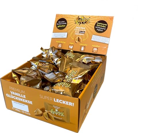 Glückskekse Happy Vanille 50er Box mit inspirierenden Botschaften (1 Box = 50 Glückskekse á 6g) von Happy