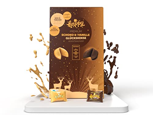 Happy Schoko Adventskalender – 24 Schoko-Glückskekse mit inspirierenden Sprüchen – inkl. 25. Türchen mit Jahresbotschaft, Gutscheinen von Happy