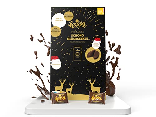 Happy Schoko Adventskalender – 24 Schoko-Glückskekse mit inspirierenden Sprüchen – inkl. 25. Türchen mit Jahresbotschaft, Gutschein sowie einer tollen Überraschung von Happy