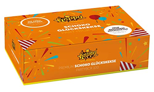 Glückskeks Happy Schoko Partybox (100 Kekse) Happy Schoko Glückskeks " Vegan, Schoko " in einer 100er Box, mit inspirierenden Botschaften (1Box = 100 Glueckskekse a 6g) von Happy