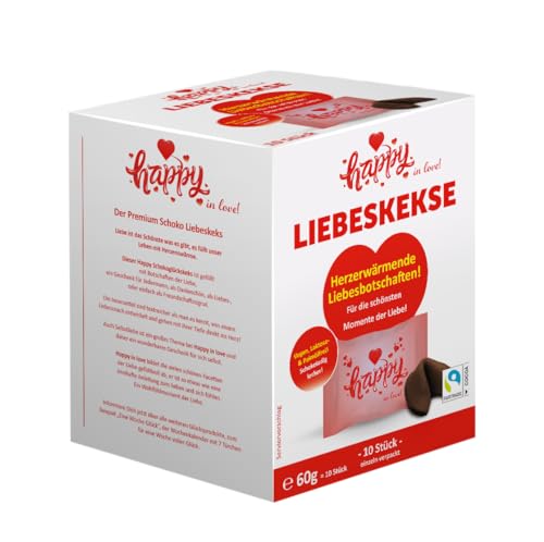 Happy in love - Happy Schokoglückskeks - vegan, in einer 10er Box, mit Liebesbotschaften (1 Box = 10 Glueckskekse à 6g) von Happy